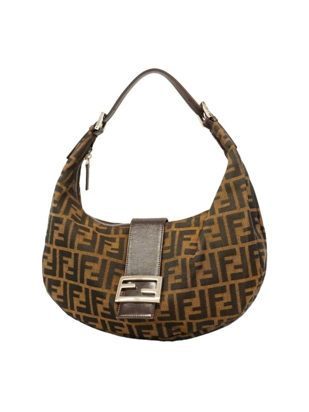 Fendi Shoulder Bag Zucca Nylon Canvas Brown Silver
